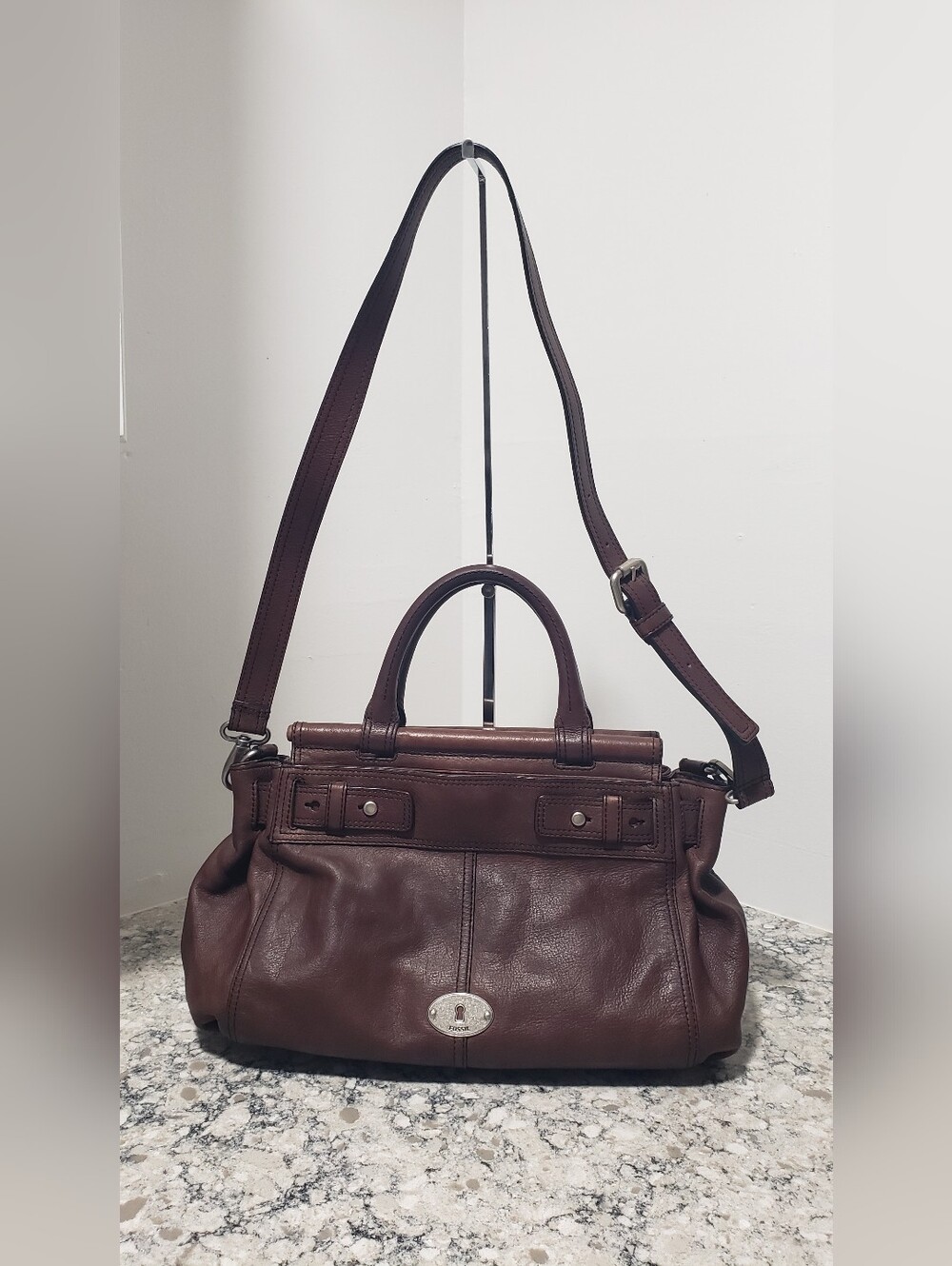 Fossil Maddox Vintage Brown Leather Bar Satchel Crossbody Handbag